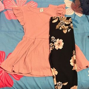 SHEIN Pink Ruffle Dress with Black Floral Leggings